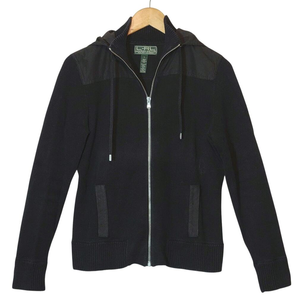 Ralph Lauren RL Active Hooded Zip Cotton Sweater Pockets Black Athleisure L